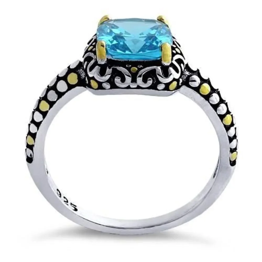 Sterling Silver Celtic Blue Topaz Cushion CZ Ring Brand New